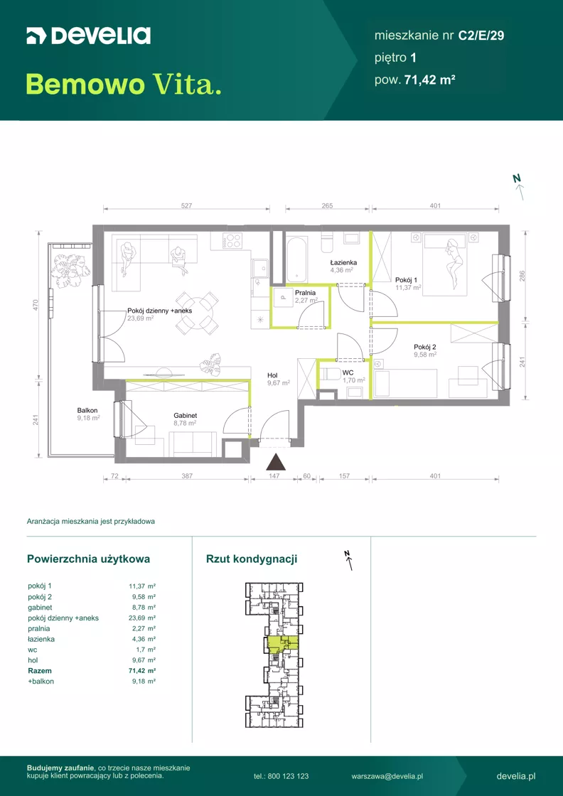 4 pokoje, mieszkanie 71,42 m², piętro 1, oferta nr C2/E/29, Bemowo Vita etap VIII, Warszawa, Bemowo, Chrzanów, ul. Szeligowska 57