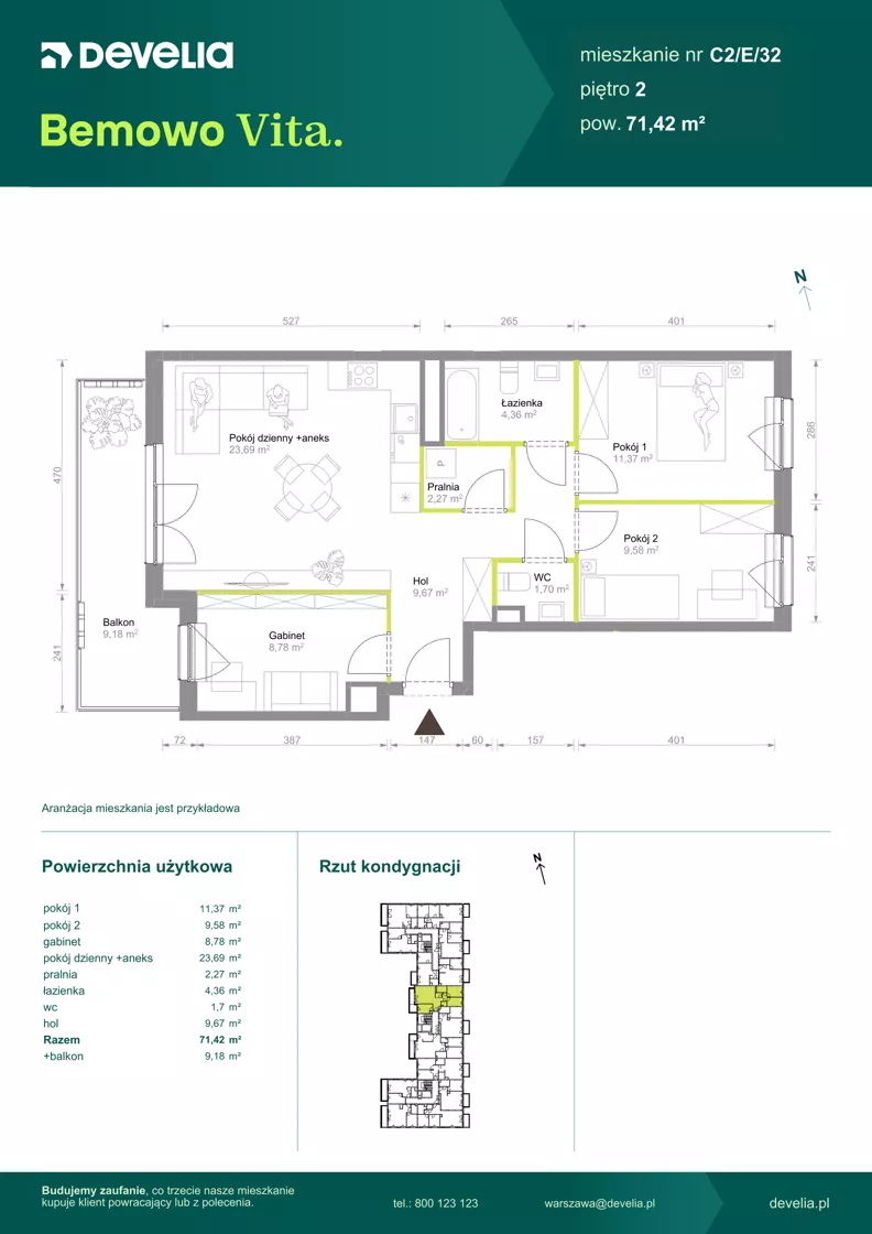 4 pokoje, mieszkanie 71,42 m², piętro 2, oferta nr C2/E/32, Bemowo Vita etap VIII, Warszawa, Bemowo, Chrzanów, ul. Szeligowska 57