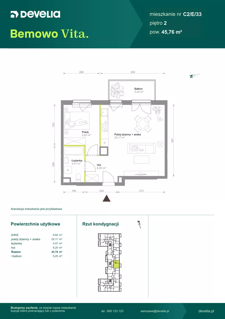 2 pokoje, mieszkanie 45,76 m², piętro 2, oferta nr C2/E/33, Bemowo Vita etap VIII, Warszawa, Bemowo, Chrzanów, ul. Szeligowska 57