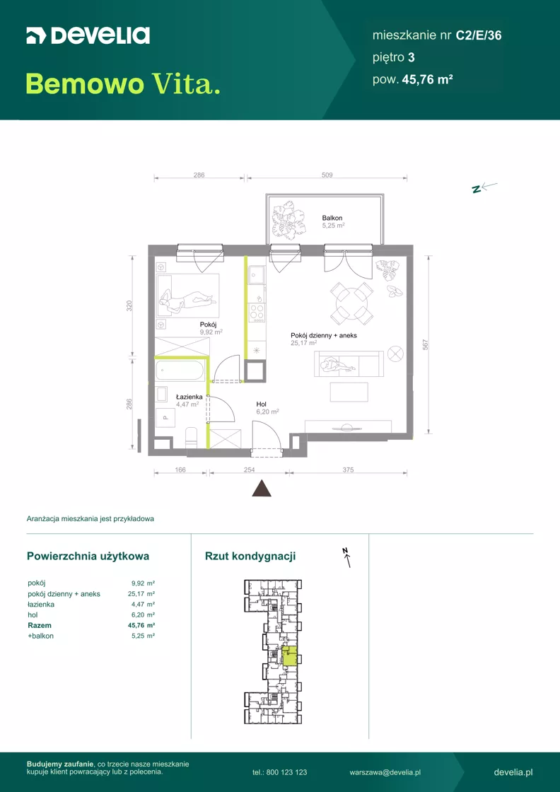 2 pokoje, mieszkanie 45,76 m², piętro 3, oferta nr C2/E/36, Bemowo Vita etap VIII, Warszawa, Bemowo, Chrzanów, ul. Szeligowska 57
