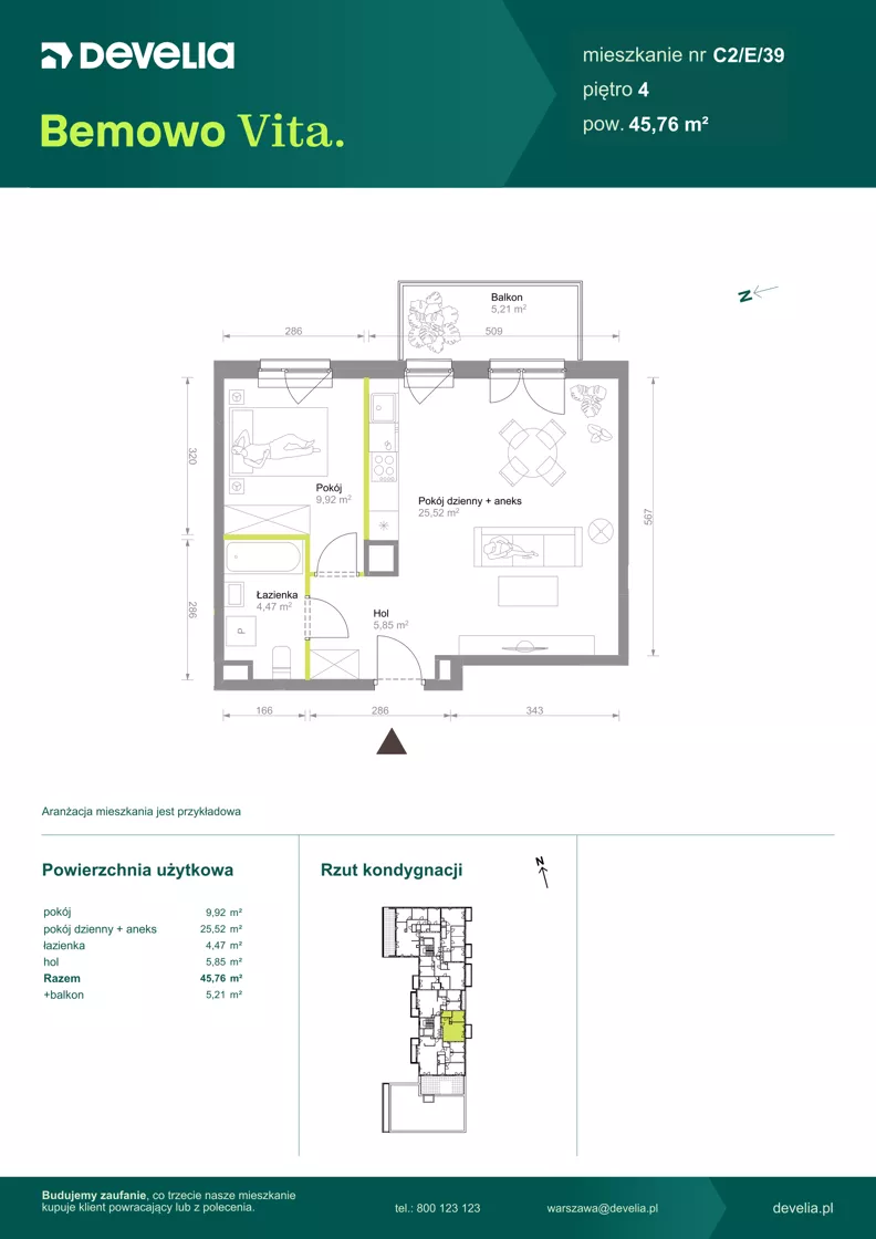 2 pokoje, mieszkanie 45,76 m², piętro 4, oferta nr C2/E/39, Bemowo Vita etap VIII, Warszawa, Bemowo, Chrzanów, ul. Szeligowska 57