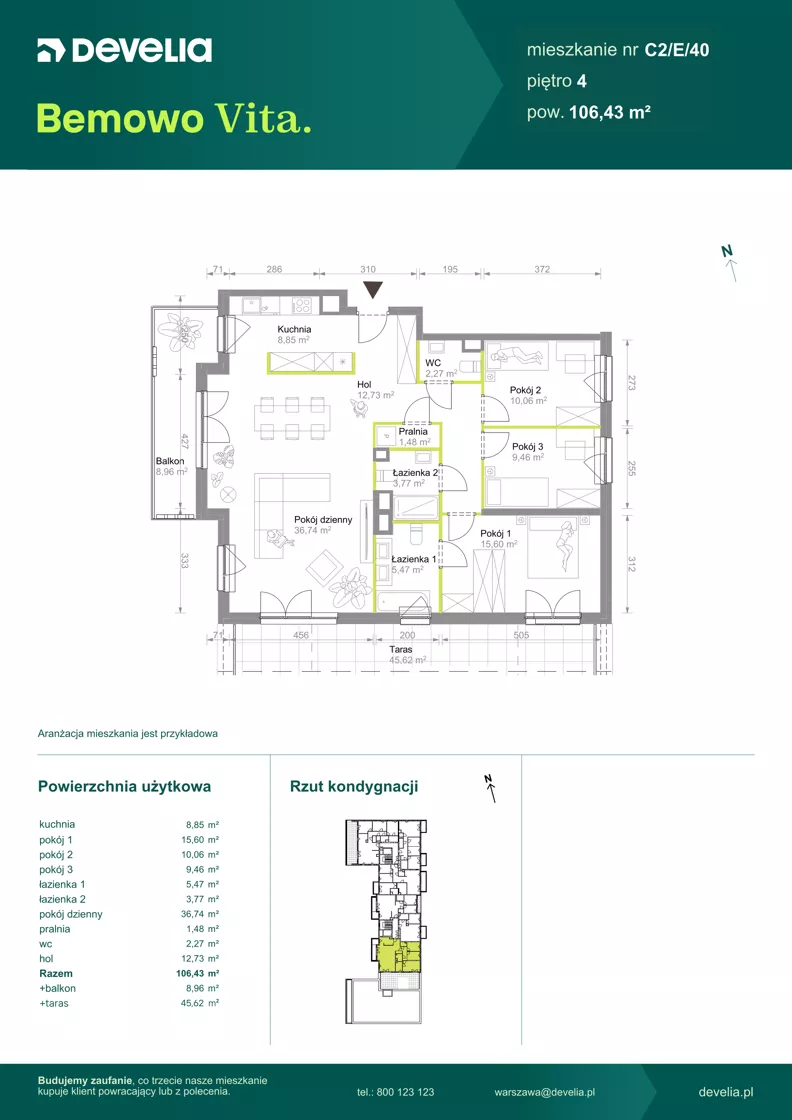 4 pokoje, mieszkanie 106,43 m², piętro 4, oferta nr C2/E/40, Bemowo Vita etap VIII, Warszawa, Bemowo, Chrzanów, ul. Szeligowska 57	