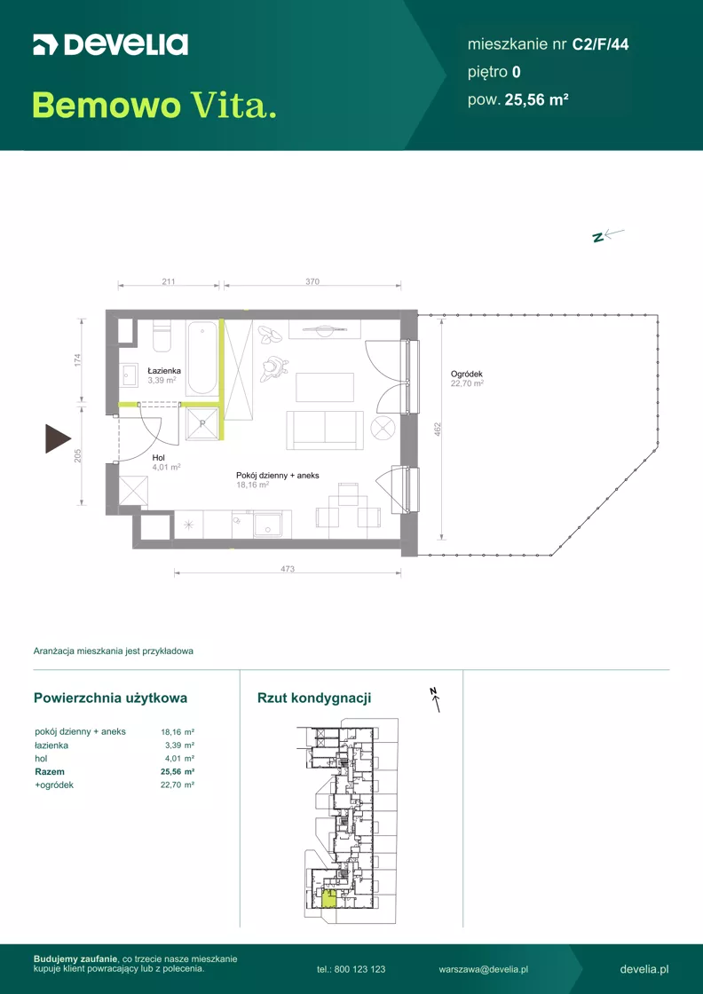 1 pokój, mieszkanie 25,56 m², parter, oferta nr C2/F/44, Bemowo Vita etap VIII, Warszawa, Bemowo, Chrzanów, ul. Szeligowska 57	