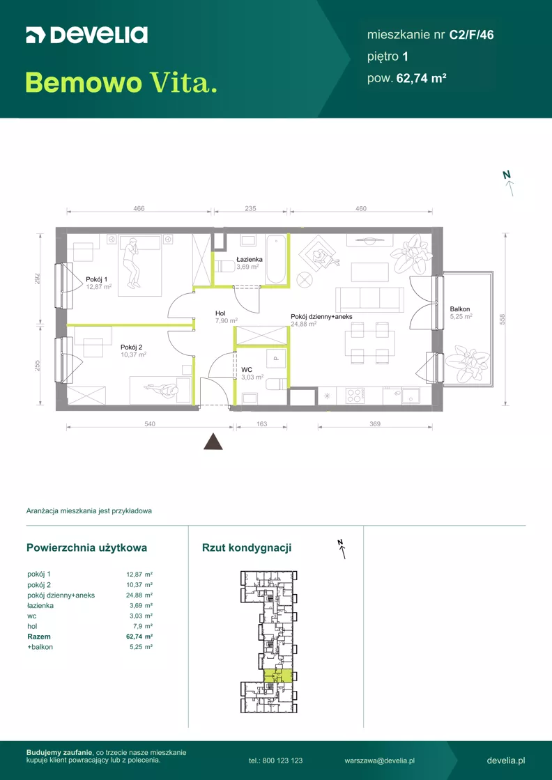 3 pokoje, mieszkanie 62,74 m², piętro 1, oferta nr C2/F/46, Bemowo Vita etap VIII, Warszawa, Bemowo, Chrzanów, ul. Szeligowska 57