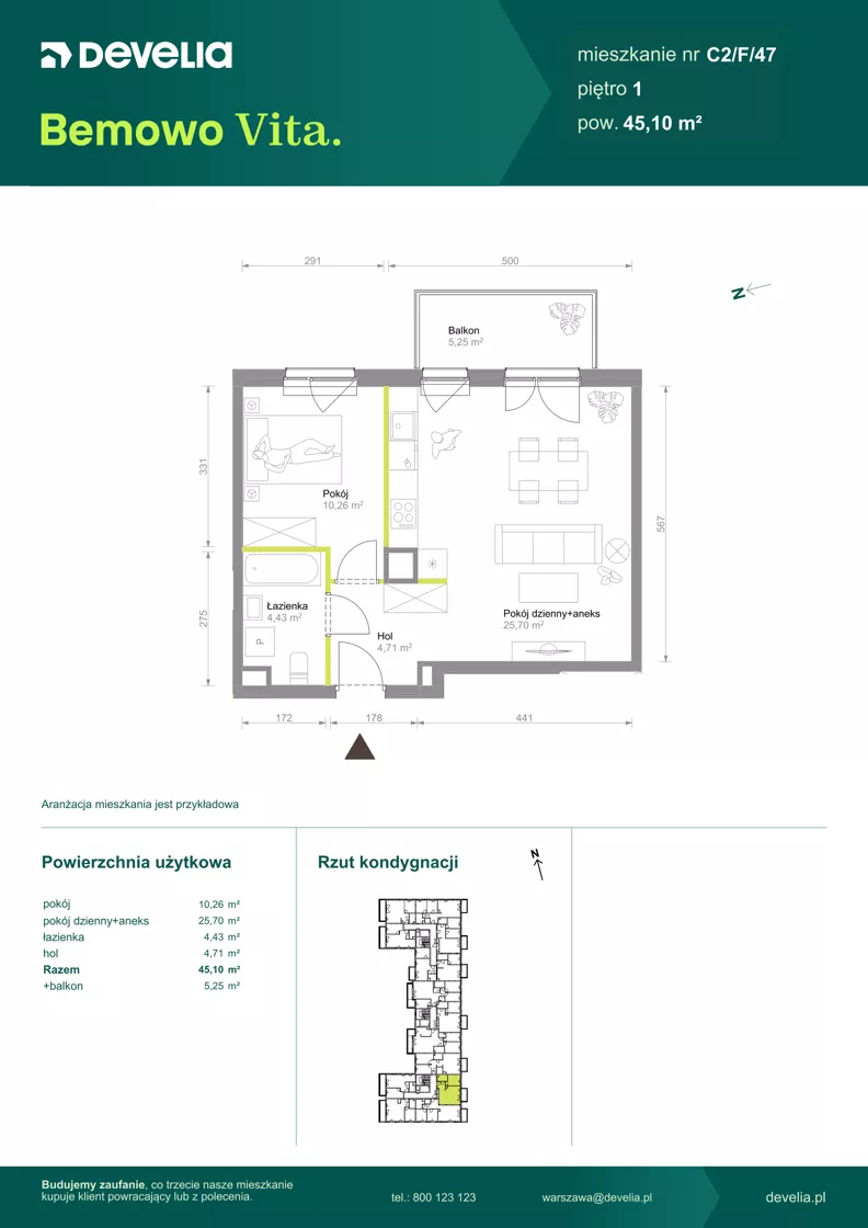 2 pokoje, mieszkanie 45,10 m², piętro 1, oferta nr C2/F/47, Bemowo Vita etap VIII, Warszawa, Bemowo, Chrzanów, ul. Szeligowska 57