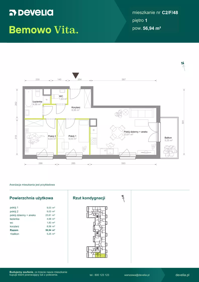 3 pokoje, mieszkanie 56,94 m², piętro 1, oferta nr C2/F/48, Bemowo Vita etap VIII, Warszawa, Bemowo, Chrzanów, ul. Szeligowska 57	