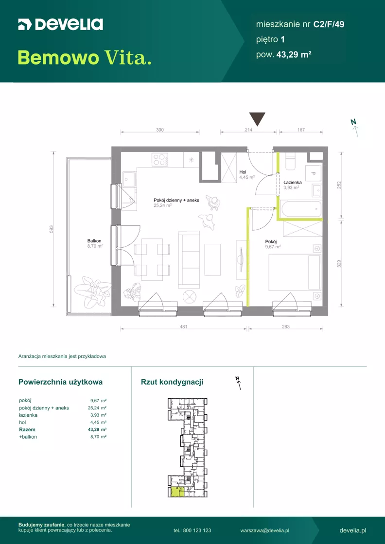 2 pokoje, mieszkanie 43,29 m², piętro 1, oferta nr C2/F/49, Bemowo Vita etap VIII, Warszawa, Bemowo, Chrzanów, ul. Szeligowska 57