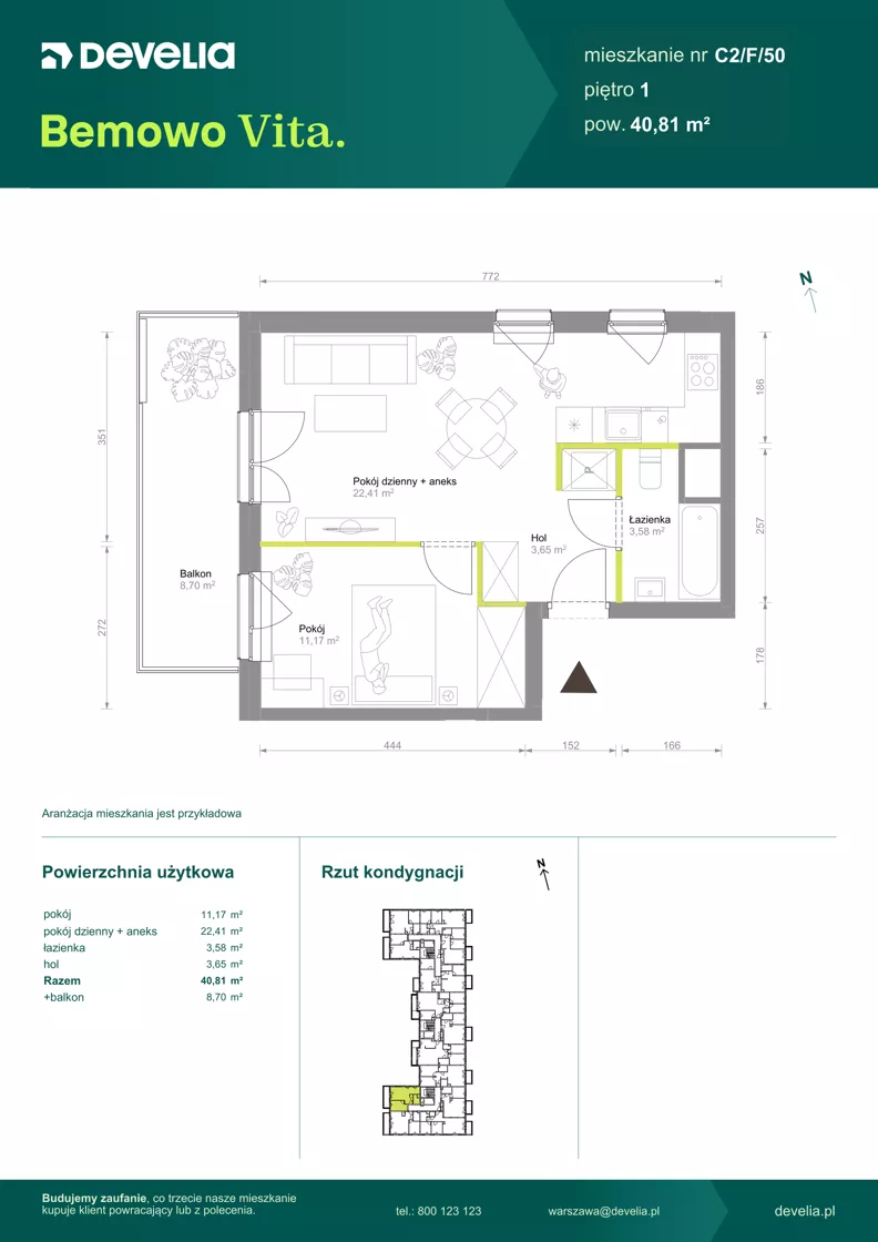 2 pokoje, mieszkanie 40,81 m², piętro 1, oferta nr C2/F/50, Bemowo Vita etap VIII, Warszawa, Bemowo, Chrzanów, ul. Szeligowska 57
