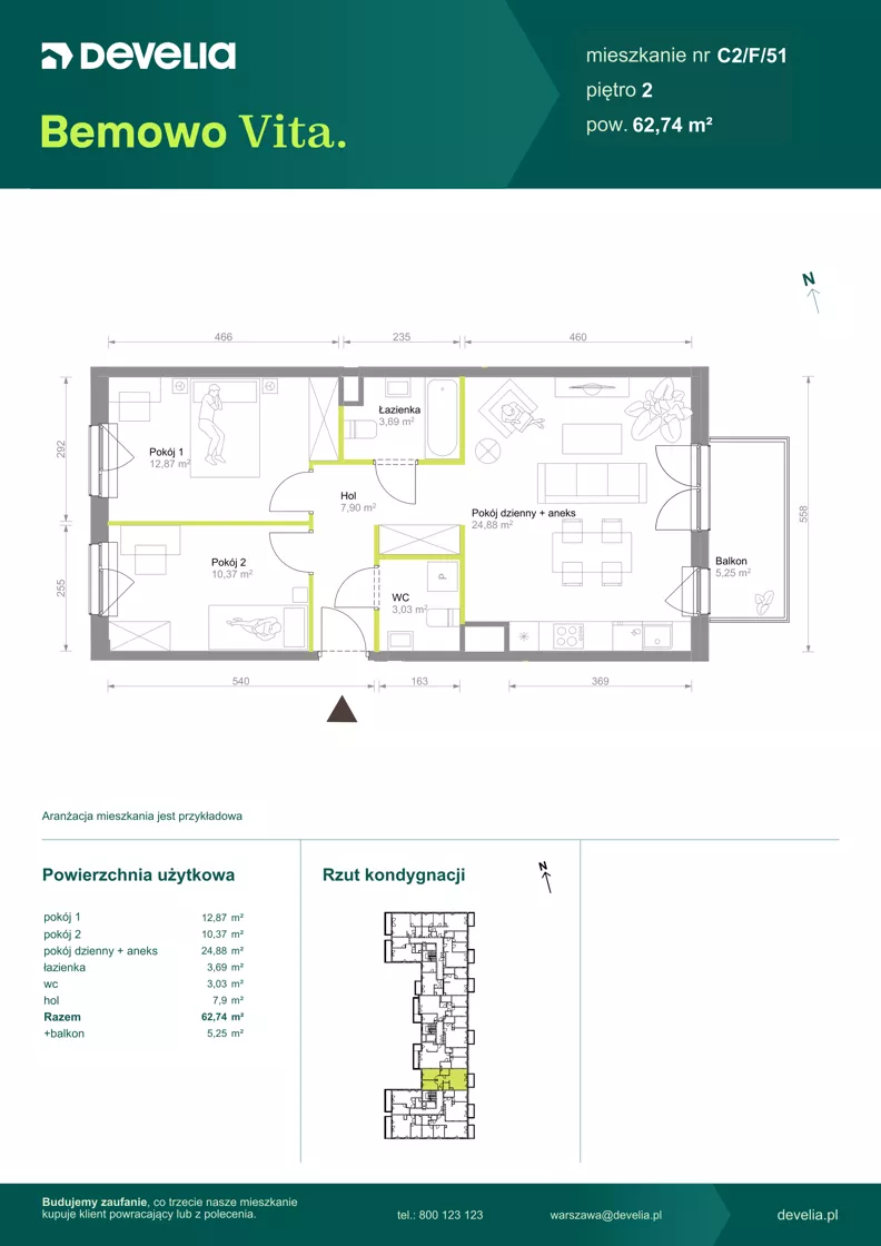 3 pokoje, mieszkanie 62,74 m², piętro 2, oferta nr C2/F/51, Bemowo Vita etap VIII, Warszawa, Bemowo, Chrzanów, ul. Szeligowska 57