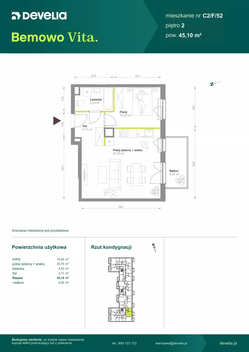 2 pokoje, mieszkanie 45,10 m², piętro 2, oferta nr C2/F/52, Bemowo Vita etap VIII, Warszawa, Bemowo, Chrzanów, ul. Szeligowska 57