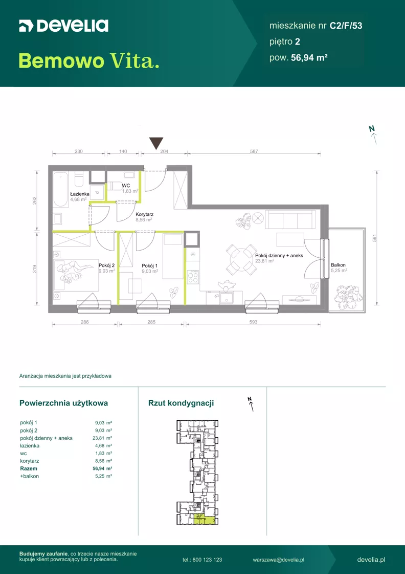 3 pokoje, mieszkanie 56,94 m², piętro 2, oferta nr C2/F/53, Bemowo Vita etap VIII, Warszawa, Bemowo, Chrzanów, ul. Szeligowska 57