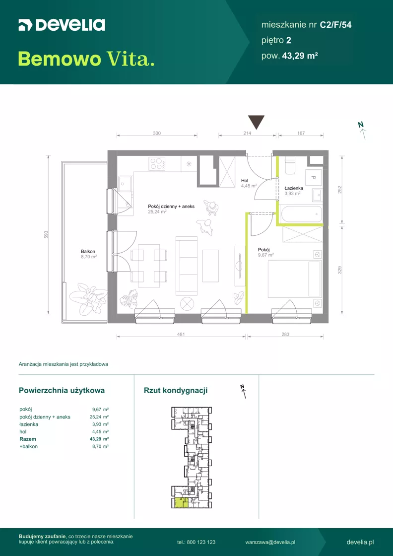 2 pokoje, mieszkanie 43,29 m², piętro 2, oferta nr C2/F/54, Bemowo Vita etap VIII, Warszawa, Bemowo, Chrzanów, ul. Szeligowska 57
