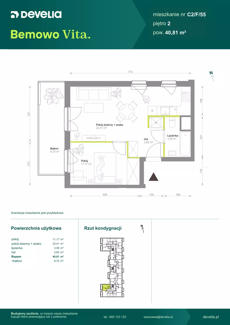 2 pokoje, mieszkanie 40,81 m², piętro 2, oferta nr C2/F/55, Bemowo Vita etap VIII, Warszawa, Bemowo, Chrzanów, ul. Szeligowska 57