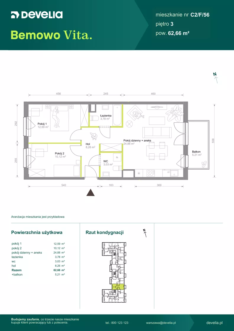 3 pokoje, mieszkanie 62,66 m², piętro 3, oferta nr C2/F/56, Bemowo Vita etap VIII, Warszawa, Bemowo, Chrzanów, ul. Szeligowska 57