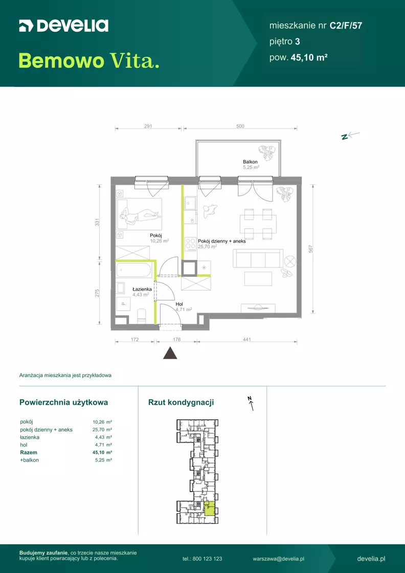 2 pokoje, mieszkanie 45,10 m², piętro 3, oferta nr C2/F/57, Bemowo Vita etap VIII, Warszawa, Bemowo, Chrzanów, ul. Szeligowska 57