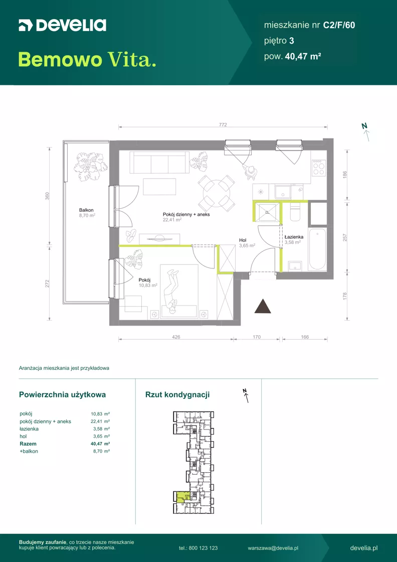 2 pokoje, mieszkanie 40,47 m², piętro 3, oferta nr C2/F/60, Bemowo Vita etap VIII, Warszawa, Bemowo, Chrzanów, ul. Szeligowska 57