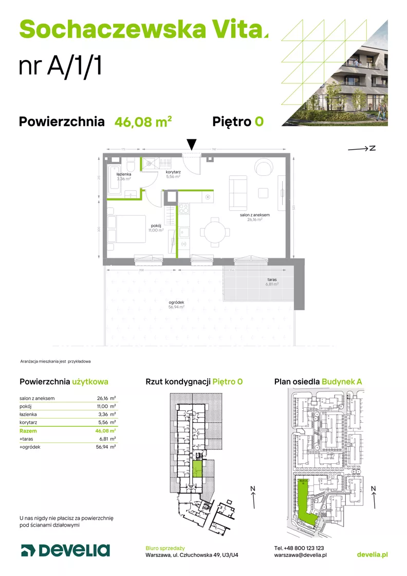 2 pokoje, mieszkanie 46,08 m², parter, oferta nr A/1/1, Sochaczewska Vita I, Warszawa, Bemowo, Chrzanów, ul. Sochaczewska 12