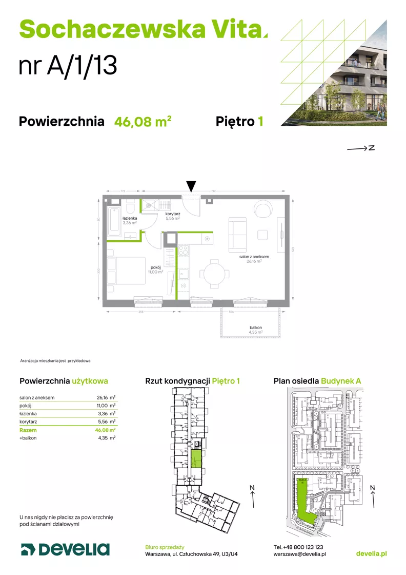2 pokoje, mieszkanie 46,08 m², piętro 1, oferta nr A/1/13, Sochaczewska Vita I, Warszawa, Bemowo, Chrzanów, ul. Sochaczewska 12