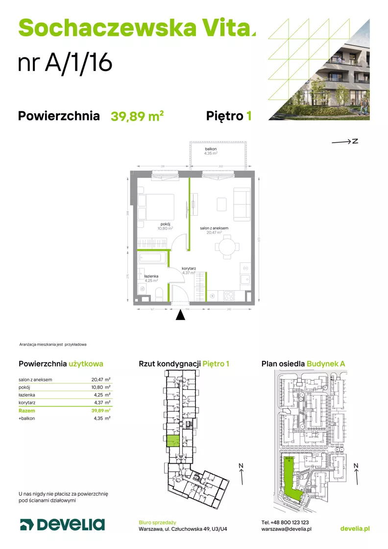 2 pokoje, mieszkanie 39,89 m², piętro 1, oferta nr A/1/16, Sochaczewska Vita I, Warszawa, Bemowo, Chrzanów, ul. Sochaczewska 12