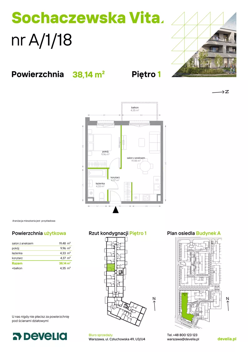 2 pokoje, mieszkanie 38,14 m², piętro 1, oferta nr A/1/18, Sochaczewska Vita I, Warszawa, Bemowo, Chrzanów, ul. Sochaczewska 12