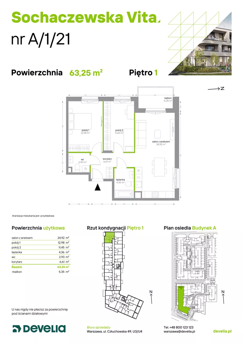 3 pokoje, mieszkanie 63,25 m², piętro 1, oferta nr A/1/21, Sochaczewska Vita I, Warszawa, Bemowo, Chrzanów, ul. Sochaczewska 12