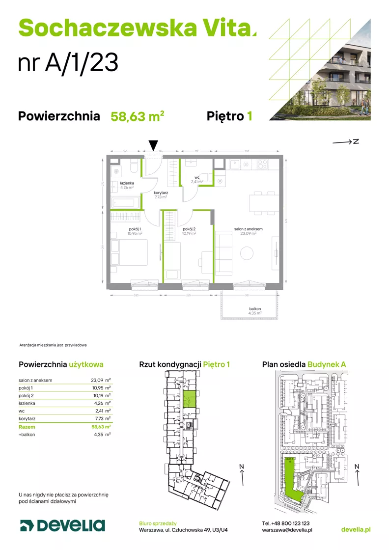 3 pokoje, mieszkanie 58,63 m², piętro 1, oferta nr A/1/23, Sochaczewska Vita I, Warszawa, Bemowo, Chrzanów, ul. Sochaczewska 12