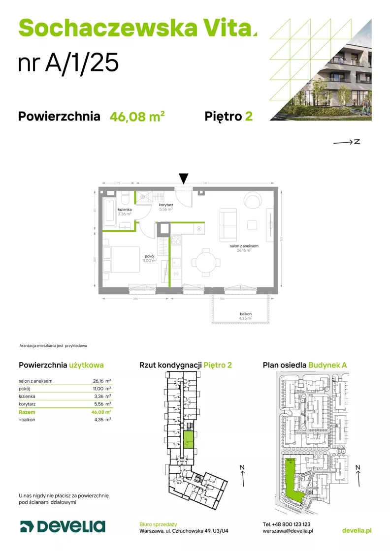 2 pokoje, mieszkanie 46,08 m², piętro 2, oferta nr A/1/25, Sochaczewska Vita I, Warszawa, Bemowo, Chrzanów, ul. Sochaczewska 12