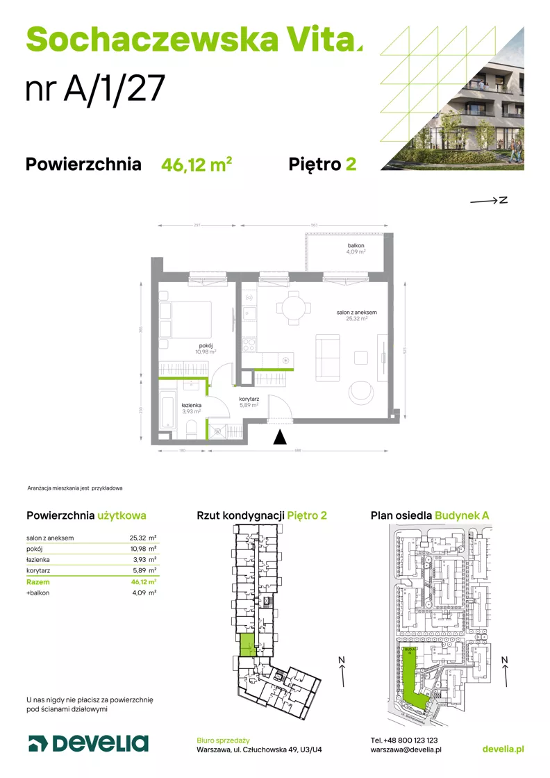 2 pokoje, mieszkanie 46,12 m², piętro 2, oferta nr A/1/27, Sochaczewska Vita I, Warszawa, Bemowo, Chrzanów, ul. Sochaczewska 12