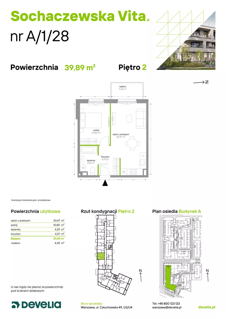 2 pokoje, mieszkanie 39,89 m², piętro 2, oferta nr A/1/28, Sochaczewska Vita I, Warszawa, Bemowo, Chrzanów, ul. Sochaczewska 12