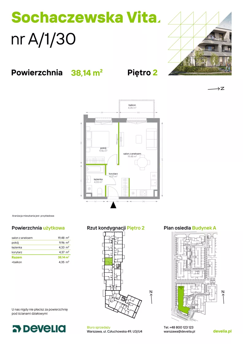 2 pokoje, mieszkanie 38,14 m², piętro 2, oferta nr A/1/30, Sochaczewska Vita I, Warszawa, Bemowo, Chrzanów, ul. Sochaczewska 12