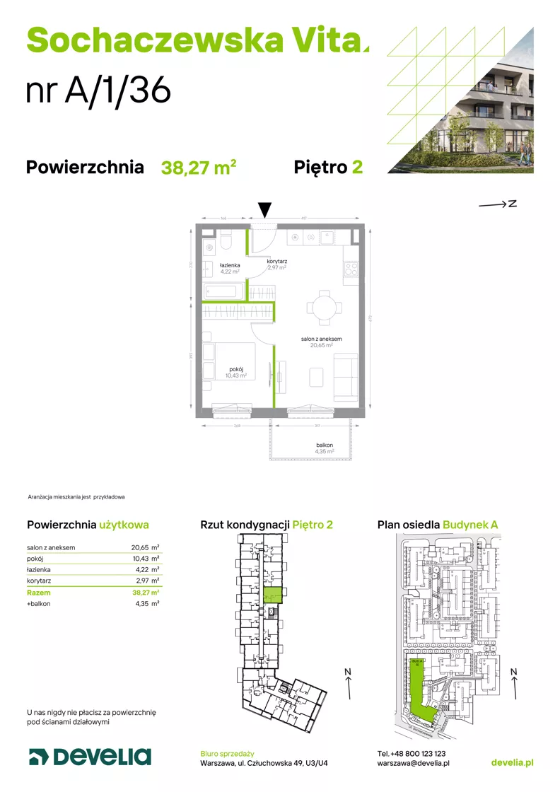 2 pokoje, mieszkanie 38,27 m², piętro 2, oferta nr A/1/36, Sochaczewska Vita I, Warszawa, Bemowo, Chrzanów, ul. Sochaczewska 12