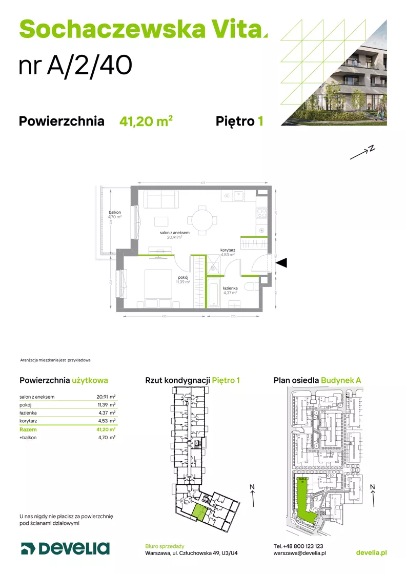 2 pokoje, mieszkanie 41,20 m², piętro 1, oferta nr A/2/40, Sochaczewska Vita I, Warszawa, Bemowo, Chrzanów, ul. Sochaczewska 12