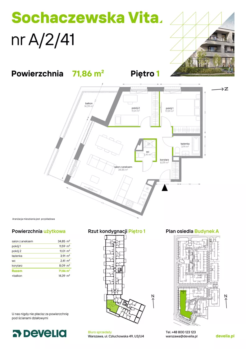3 pokoje, mieszkanie 71,86 m², piętro 1, oferta nr A/2/41, Sochaczewska Vita I, Warszawa, Bemowo, Chrzanów, ul. Sochaczewska 12
