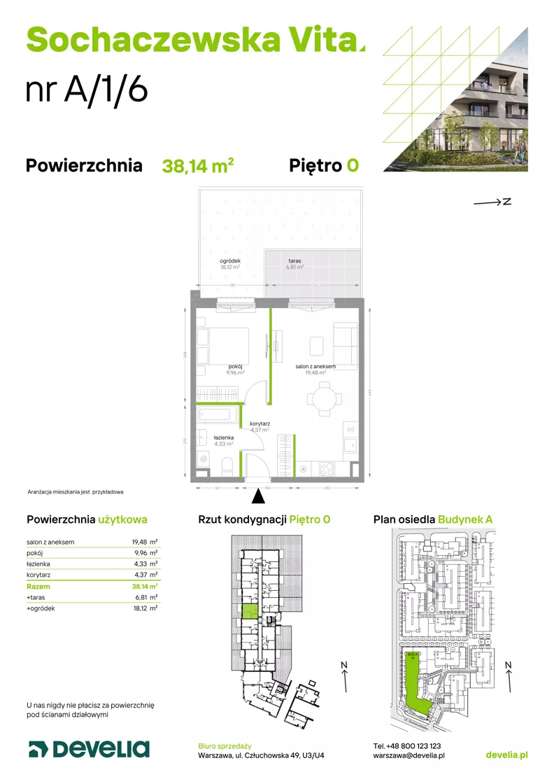 2 pokoje, mieszkanie 38,14 m², parter, oferta nr A/1/6, Sochaczewska Vita I, Warszawa, Bemowo, Chrzanów, ul. Sochaczewska 12