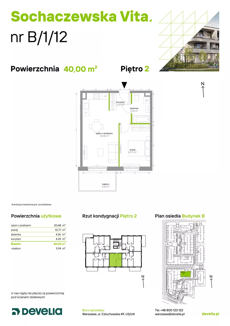 2 pokoje, mieszkanie 40,00 m², piętro 2, oferta nr B/1/12, Sochaczewska Vita I, Warszawa, Bemowo, Chrzanów, ul. Sochaczewska 12