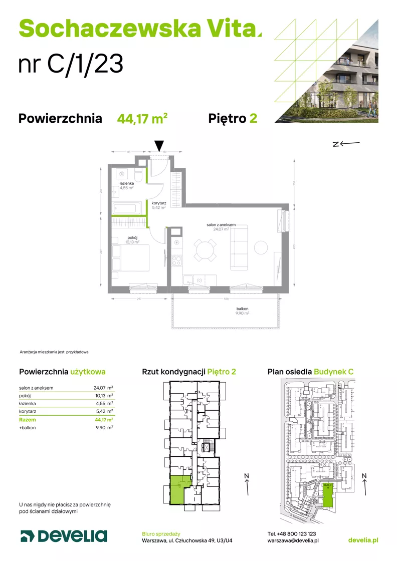 2 pokoje, mieszkanie 44,17 m², piętro 2, oferta nr C/1/23, Sochaczewska Vita I, Warszawa, Bemowo, Chrzanów, ul. Sochaczewska 12