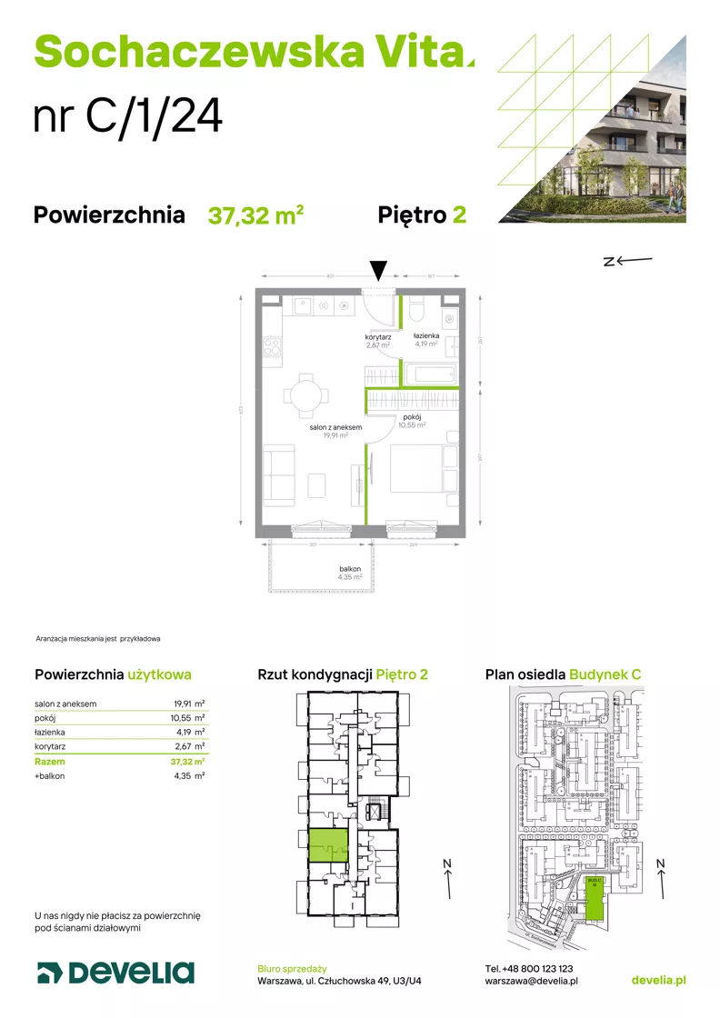 2 pokoje, mieszkanie 37,32 m², piętro 2, oferta nr C/1/24, Sochaczewska Vita I, Warszawa, Bemowo, Chrzanów, ul. Sochaczewska 12