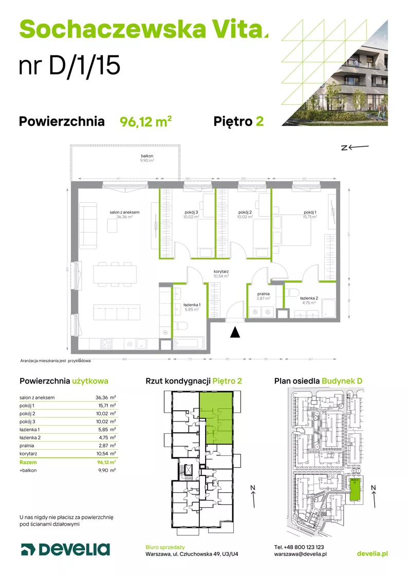 4 pokoje, mieszkanie 96,12 m², piętro 2, oferta nr D/1/15, Sochaczewska Vita I, Warszawa, Bemowo, Chrzanów, ul. Sochaczewska 12