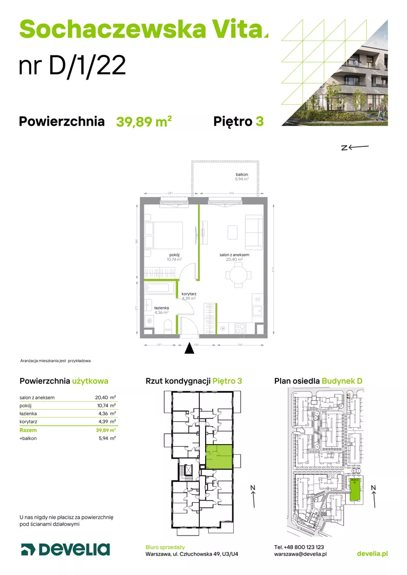 2 pokoje, mieszkanie 39,89 m², piętro 3, oferta nr D/1/22, Sochaczewska Vita I, Warszawa, Bemowo, Chrzanów, ul. Sochaczewska 12