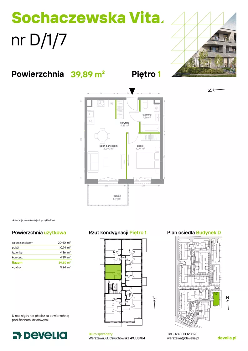 2 pokoje, mieszkanie 39,89 m², piętro 1, oferta nr D/1/7, Sochaczewska Vita I, Warszawa, Bemowo, Chrzanów, ul. Sochaczewska 12