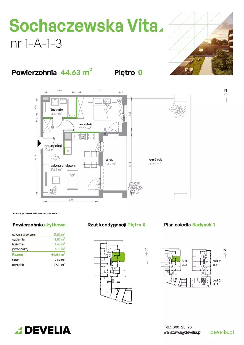 2 pokoje, mieszkanie 44,63 m², parter, oferta nr 1-A-1-3, Sochaczewska Vita IV, Warszawa, Bemowo, Chrzanów, ul. Sochaczewska 12