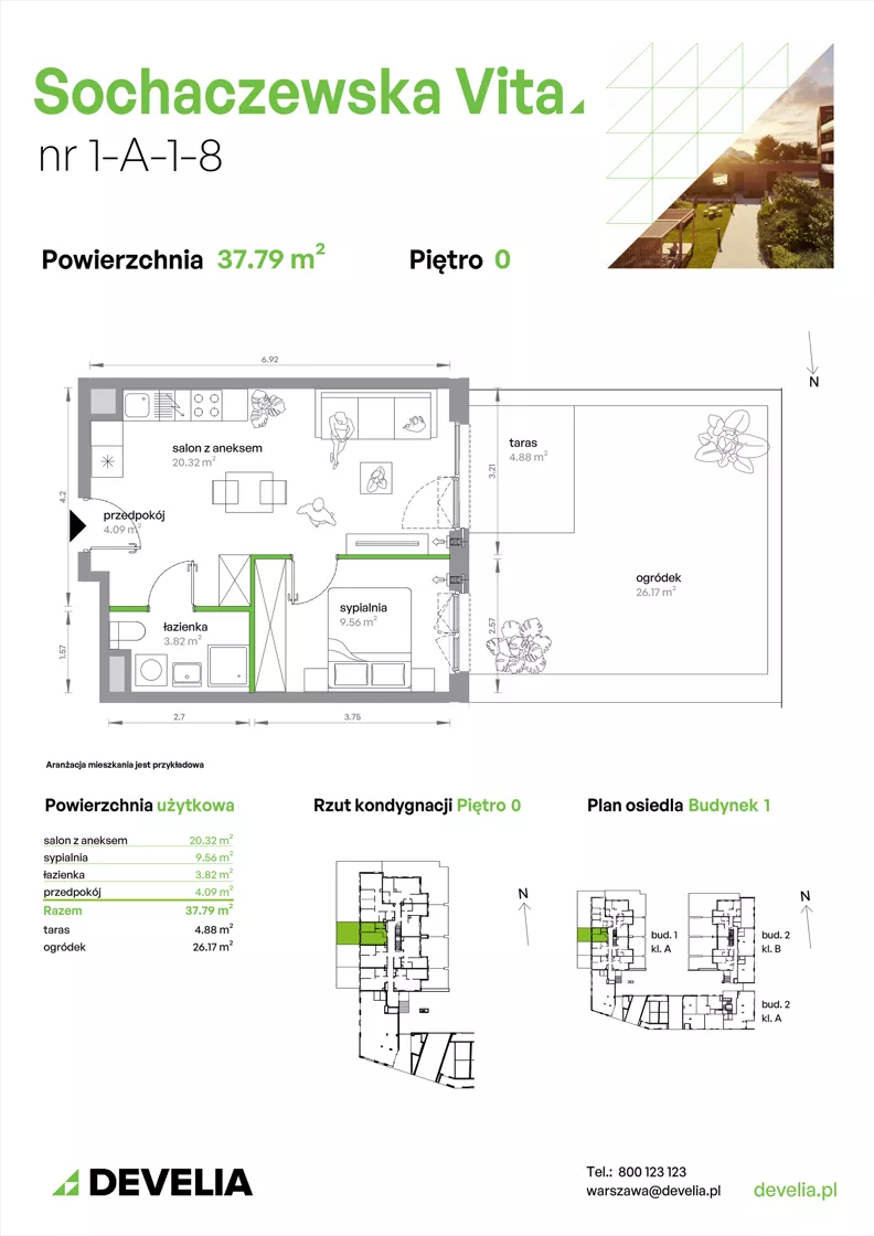 2 pokoje, mieszkanie 37,79 m², parter, oferta nr 1-A-1-8, Sochaczewska Vita IV, Warszawa, Bemowo, Chrzanów, ul. Sochaczewska 12