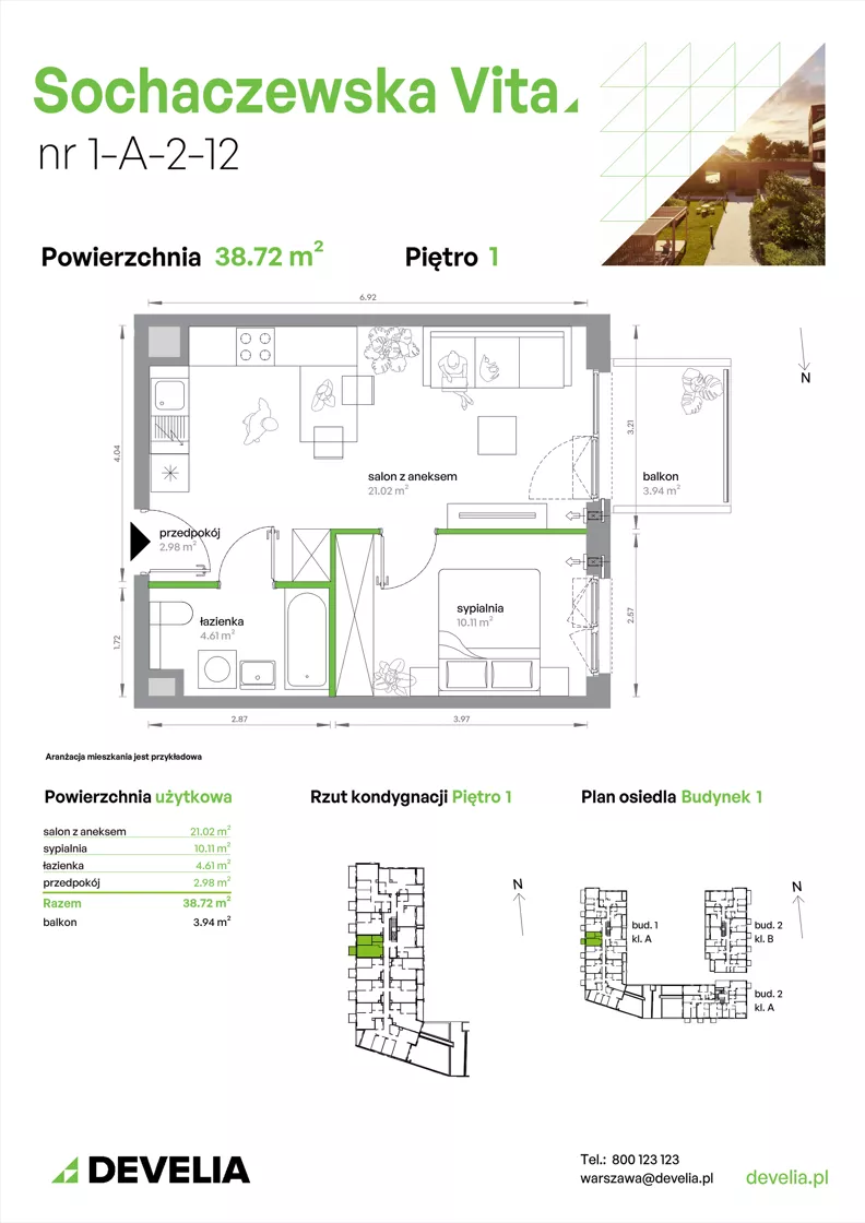 2 pokoje, mieszkanie 38,72 m², piętro 1, oferta nr 1-A-2-12, Sochaczewska Vita IV, Warszawa, Bemowo, Chrzanów, ul. Sochaczewska 12