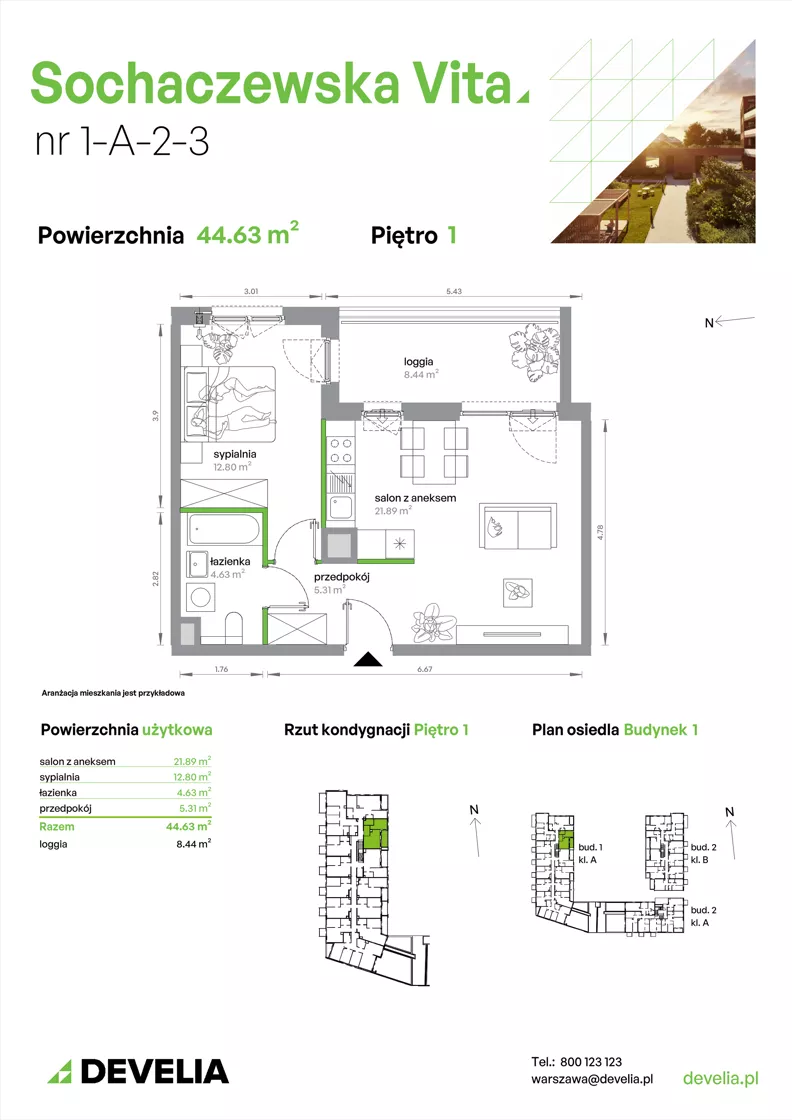 2 pokoje, mieszkanie 44,63 m², piętro 1, oferta nr 1-A-2-3, Sochaczewska Vita IV, Warszawa, Bemowo, Chrzanów, ul. Sochaczewska 12