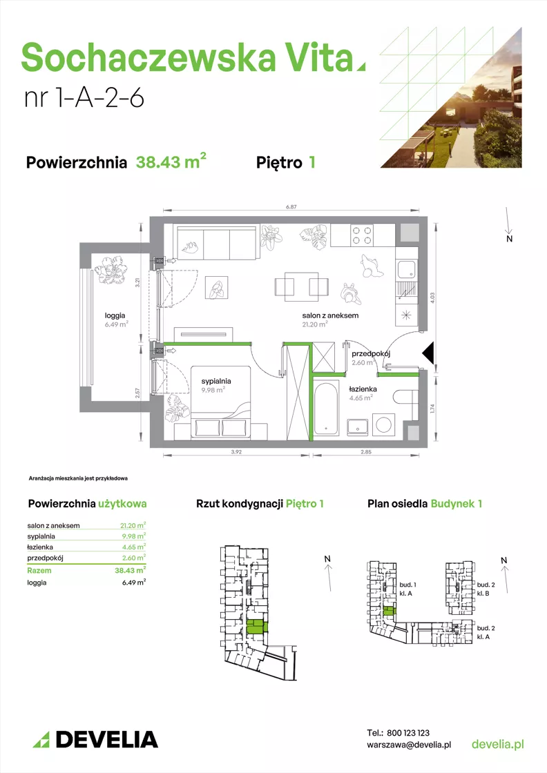 2 pokoje, mieszkanie 38,43 m², piętro 1, oferta nr 1-A-2-6, Sochaczewska Vita IV, Warszawa, Bemowo, Chrzanów, ul. Sochaczewska 12
