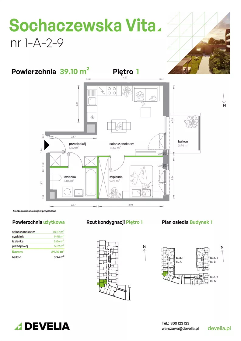 2 pokoje, mieszkanie 39,10 m², piętro 1, oferta nr 1-A-2-9, Sochaczewska Vita IV, Warszawa, Bemowo, Chrzanów, ul. Sochaczewska 12