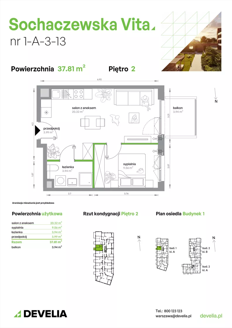 2 pokoje, mieszkanie 37,81 m², piętro 2, oferta nr 1-A-3-13, Sochaczewska Vita IV, Warszawa, Bemowo, Chrzanów, ul. Sochaczewska 12