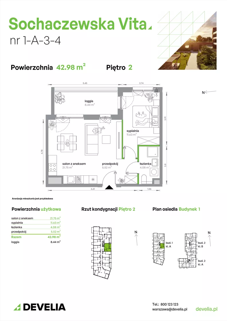 2 pokoje, mieszkanie 42,98 m², piętro 2, oferta nr 1-A-3-4, Sochaczewska Vita IV, Warszawa, Bemowo, Chrzanów, ul. Sochaczewska 12