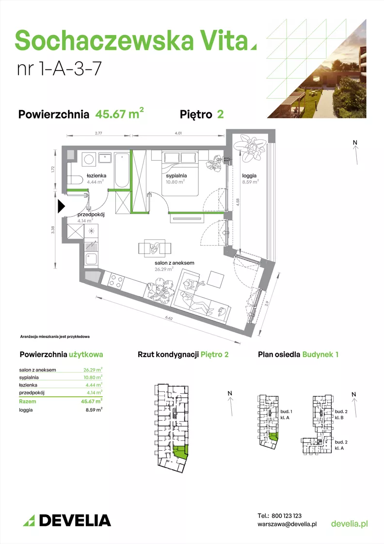 2 pokoje, mieszkanie 45,67 m², piętro 2, oferta nr 1-A-3-7, Sochaczewska Vita IV, Warszawa, Bemowo, Chrzanów, ul. Sochaczewska 12