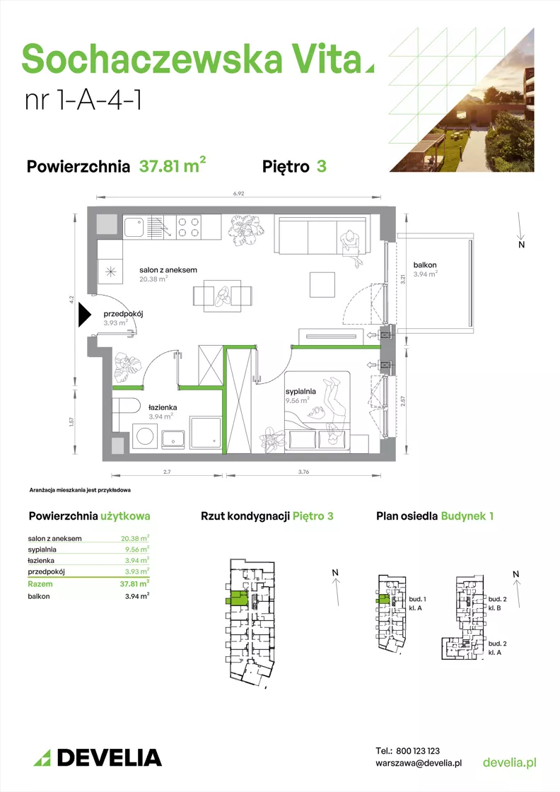 2 pokoje, mieszkanie 37,81 m², piętro 3, oferta nr 1-A-4-1, Sochaczewska Vita IV, Warszawa, Bemowo, Chrzanów, ul. Sochaczewska 12